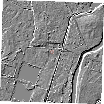 Shaded relief map of the ground around EN106RW, computed from Environment Agency LiDAR. The ground here sits at about 25 m above sea level and falls 5 m across the surrounding 800 m. Surface water reaching this point runs off ground lying to the east-north-east, 3.1 m higher.