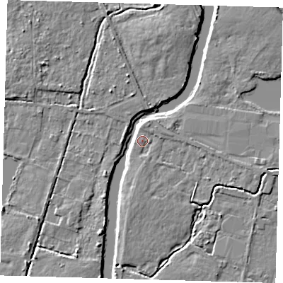Shaded relief map of the ground around EN106RX, computed from Environment Agency LiDAR. The ground here sits at about 25 m above sea level and falls 5 m across the surrounding 800 m. Surface water reaching this point runs off ground lying to the east-south-east, 1.9 m higher.