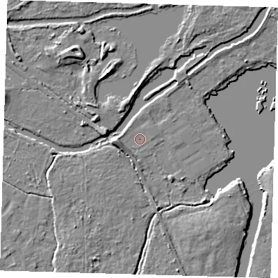 Shaded relief map of the ground around EN106SG, computed from Environment Agency LiDAR. The ground here sits at about 25 m above sea level and falls 7 m across the surrounding 800 m. Surface water reaching this point runs off ground lying to the west, 3.7 m higher.