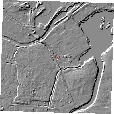 Shaded relief map of the ground around EN106SS, computed from Environment Agency LiDAR. The ground here sits at about 24 m above sea level and falls 7 m across the surrounding 800 m. Surface water reaching this point runs off ground lying to the south-east, 3.3 m higher.