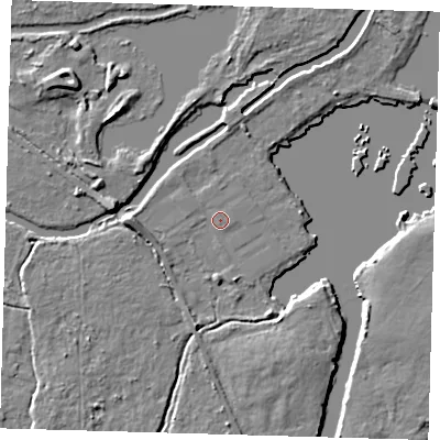 Shaded relief map of the ground around EN106SU, computed from Environment Agency LiDAR. The ground here sits at about 25 m above sea level and falls 7 m across the surrounding 800 m. Surface water reaching this point runs off ground lying to the west, 3.7 m higher.