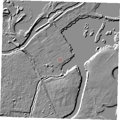 Shaded relief map of the ground around EN106SX, computed from Environment Agency LiDAR. The ground here sits at about 25 m above sea level and falls 7 m across the surrounding 800 m. The ground contributing surface water to this point lies to the north-north-east.