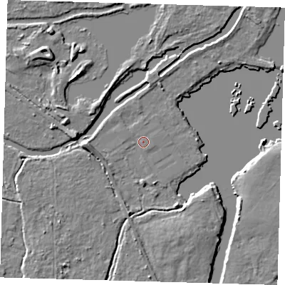 Shaded relief map of the ground around EN106SY, computed from Environment Agency LiDAR. The ground here sits at about 25 m above sea level and falls 7 m across the surrounding 800 m. Surface water reaching this point runs off ground lying to the west, 3.7 m higher.