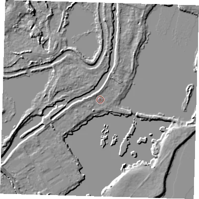Shaded relief map of the ground around EN106TA, computed from Environment Agency LiDAR. The ground here sits at about 25 m above sea level and falls 7 m across the surrounding 800 m. Surface water reaching this point runs off ground lying to the west-north-west, 1.4 m higher.
