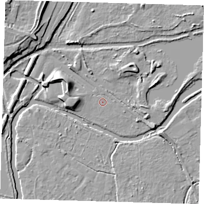 Shaded relief map of the ground around EN106TB, computed from Environment Agency LiDAR. The ground here sits at about 25 m above sea level and falls 12 m across the surrounding 800 m. Surface water reaching this point runs off ground lying to the north-east, 4.7 m higher.