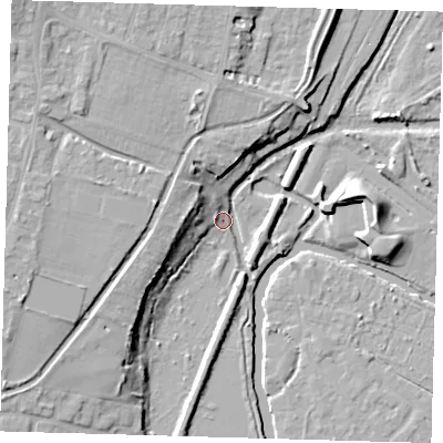 Shaded relief map of the ground around EN107AX, computed from Environment Agency LiDAR. The ground here sits at about 26 m above sea level and falls 16 m across the surrounding 800 m. Surface water reaching this point runs off ground lying to the north-west, 15.0 m higher.