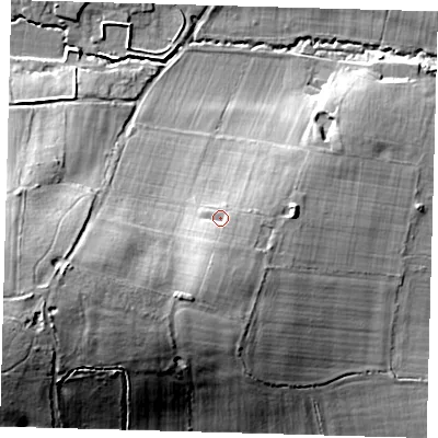 Shaded relief map of the ground around EN107FF, computed from Environment Agency LiDAR. The ground here sits at about 56 m above sea level and falls 38 m across the surrounding 800 m. Surface water reaching this point runs off ground lying to the south-south-west, 12.1 m higher.