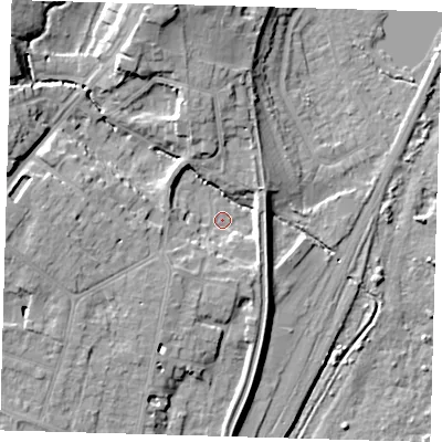 Shaded relief map of the ground around EN107LA, computed from Environment Agency LiDAR. The ground here sits at about 30 m above sea level and falls 15 m across the surrounding 800 m. Surface water reaching this point runs off ground lying to the south-west, 7.5 m higher.