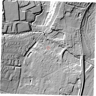 Shaded relief map of the ground around EN107LH, computed from Environment Agency LiDAR. The ground here sits at about 31 m above sea level and falls 26 m across the surrounding 800 m. Surface water reaching this point runs off ground lying to the south-west, 7.8 m higher.