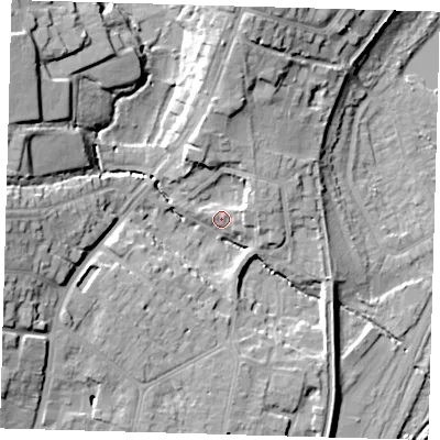 Shaded relief map of the ground around EN107LJ, computed from Environment Agency LiDAR. The ground here sits at about 33 m above sea level and falls 22 m across the surrounding 800 m. Surface water reaching this point runs off ground lying to the west, 18.6 m higher.