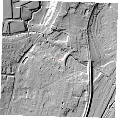 Shaded relief map of the ground around EN107LL, computed from Environment Agency LiDAR. The ground here sits at about 31 m above sea level and falls 22 m across the surrounding 800 m. Surface water reaching this point runs off ground lying to the west-south-west, 11.9 m higher.