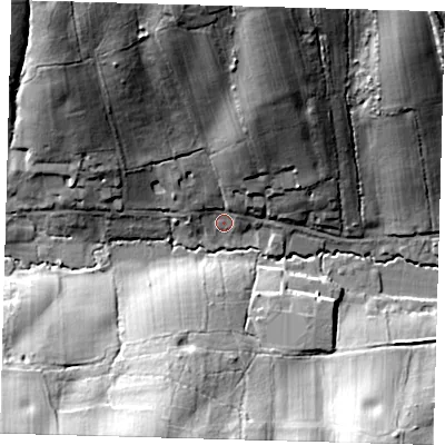 Shaded relief map of the ground around EN107QN, computed from Environment Agency LiDAR. The ground here sits at about 52 m above sea level and falls 41 m across the surrounding 800 m. Surface water reaching this point runs off ground lying to the north, 30.0 m higher.