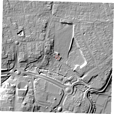 Shaded relief map of the ground around EN110AA, computed from Environment Agency LiDAR. The ground here sits at about 33 m above sea level and falls 17 m across the surrounding 800 m. Surface water reaching this point runs off ground lying to the south-west, 13.6 m higher.