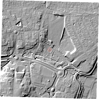 Shaded relief map of the ground around EN110AB, computed from Environment Agency LiDAR. The ground here sits at about 32 m above sea level and falls 18 m across the surrounding 800 m. Surface water reaching this point runs off ground lying to the south-west, 14.3 m higher.