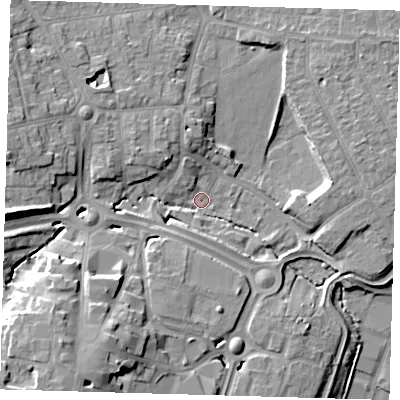 Shaded relief map of the ground around EN110AD, computed from Environment Agency LiDAR. The ground here sits at about 33 m above sea level and falls 18 m across the surrounding 800 m. Surface water reaching this point runs off ground lying to the south-west, 15.2 m higher.