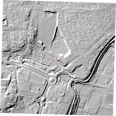 Shaded relief map of the ground around EN110AE, computed from Environment Agency LiDAR. The ground here sits at about 33 m above sea level and falls 18 m across the surrounding 800 m. Surface water reaching this point runs off ground lying to the south-west, 13.8 m higher.