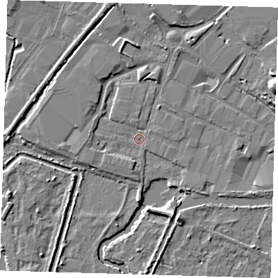 Shaded relief map of the ground around EN110AS, computed from Environment Agency LiDAR. The ground here sits at about 27 m above sea level and falls 8 m across the surrounding 800 m. Surface water reaching this point runs off ground lying to the north, 3.7 m higher.