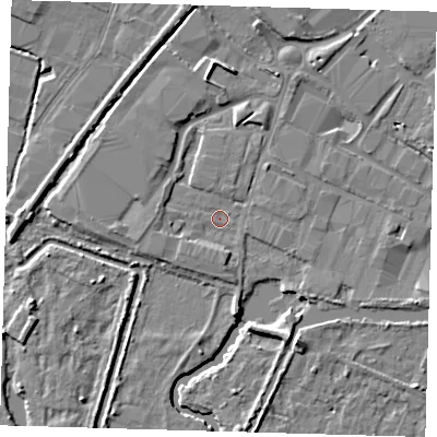 Shaded relief map of the ground around EN110AT, computed from Environment Agency LiDAR. The ground here sits at about 26 m above sea level and falls 6 m across the surrounding 800 m. Surface water reaching this point runs off ground lying to the west, 1.5 m higher.