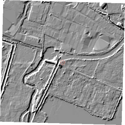 Shaded relief map of the ground around EN110AY, computed from Environment Agency LiDAR. The ground here sits at about 27 m above sea level and falls 8 m across the surrounding 800 m. Surface water reaching this point runs off ground lying to the south-west, 3.6 m higher.