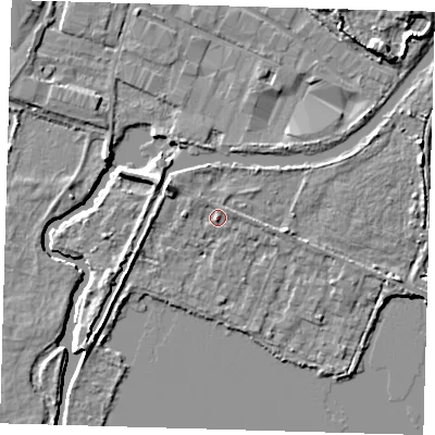 Shaded relief map of the ground around EN110AZ, computed from Environment Agency LiDAR. The ground here sits at about 27 m above sea level and falls 7 m across the surrounding 800 m. Surface water reaching this point runs off ground lying to the north-east, 1.1 m higher.