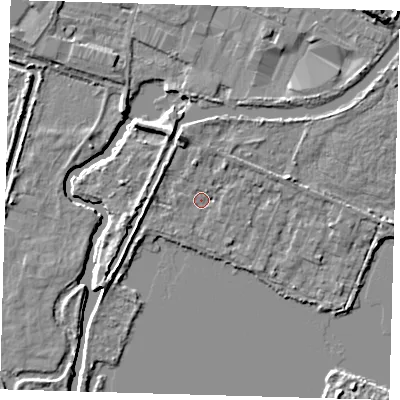 Shaded relief map of the ground around EN110BA, computed from Environment Agency LiDAR. The ground here sits at about 26 m above sea level and falls 7 m across the surrounding 800 m. Surface water reaching this point runs off ground lying to the north, 2.1 m higher.