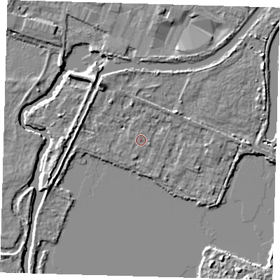 Shaded relief map of the ground around EN110BB, computed from Environment Agency LiDAR. The ground here sits at about 26 m above sea level and falls 6 m across the surrounding 800 m. Surface water reaching this point runs off ground lying to the east-south-east, 0.6 m higher.