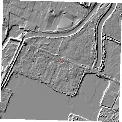 Shaded relief map of the ground around EN110BD, computed from Environment Agency LiDAR. The ground here sits at about 26 m above sea level and falls 7 m across the surrounding 800 m. Surface water reaching this point runs off ground lying to the north-west, 2.3 m higher.