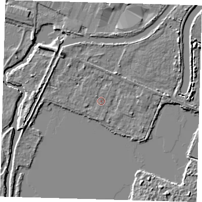 Shaded relief map of the ground around EN110BE, computed from Environment Agency LiDAR. The ground here sits at about 26 m above sea level and falls 6 m across the surrounding 800 m. Surface water reaching this point runs off ground lying to the north-west, 0.7 m higher.