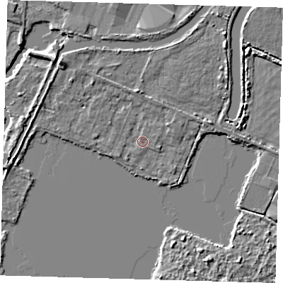 Shaded relief map of the ground around EN110BG, computed from Environment Agency LiDAR. The ground here sits at about 26 m above sea level and falls 6 m across the surrounding 800 m. Surface water reaching this point runs off ground lying to the north, 2.5 m higher.