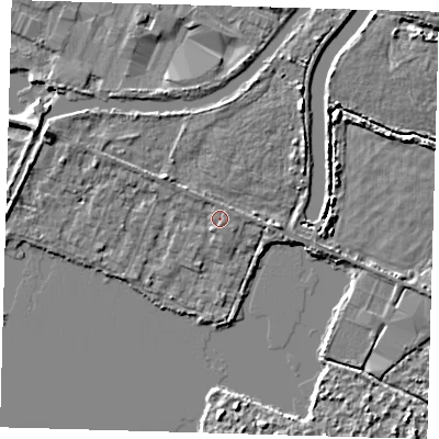 Shaded relief map of the ground around EN110BQ, computed from Environment Agency LiDAR. The ground here sits at about 27 m above sea level and falls 5 m across the surrounding 800 m. Surface water reaching this point runs off ground lying to the north-west, 1.1 m higher.