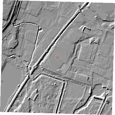 Shaded relief map of the ground around EN110BT, computed from Environment Agency LiDAR. The ground here sits at about 28 m above sea level and falls 12 m across the surrounding 800 m. Surface water reaching this point runs off ground lying to the south-south-west, 0.9 m higher.