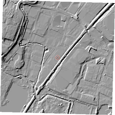 Shaded relief map of the ground around EN110BU, computed from Environment Agency LiDAR. The ground here sits at about 27 m above sea level and falls 11 m across the surrounding 800 m. Surface water reaching this point runs off ground lying to the south-south-east, 1.3 m higher.