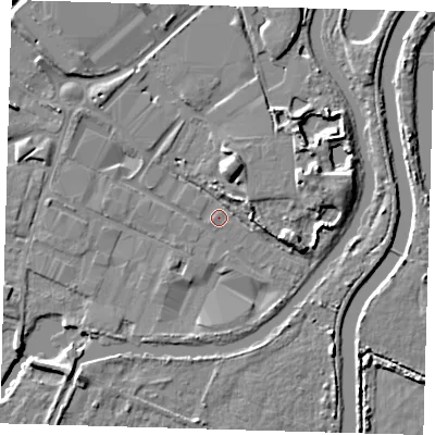 Shaded relief map of the ground around EN110BW, computed from Environment Agency LiDAR. The ground here sits at about 27 m above sea level and falls 8 m across the surrounding 800 m. Surface water reaching this point runs off ground lying to the north-north-east, 6.2 m higher.