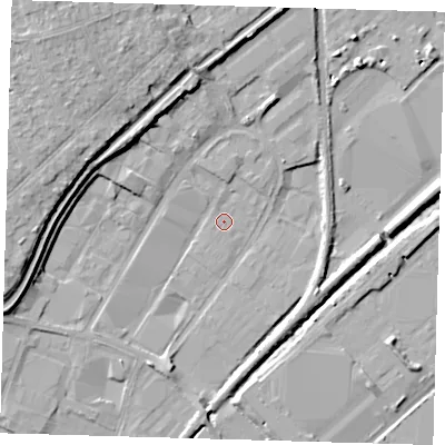 Shaded relief map of the ground around EN110DE, computed from Environment Agency LiDAR. The ground here sits at about 28 m above sea level and falls 12 m across the surrounding 800 m. Surface water reaching this point runs off ground lying to the south-west, 1.5 m higher.