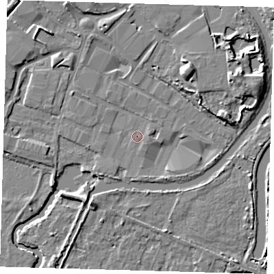 Shaded relief map of the ground around EN110DJ, computed from Environment Agency LiDAR. The ground here sits at about 27 m above sea level and falls 8 m across the surrounding 800 m. Surface water reaching this point runs off ground lying to the north-east, 6.4 m higher.