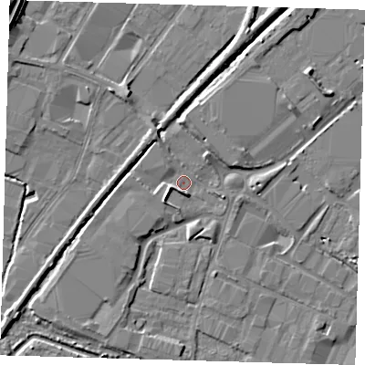 Shaded relief map of the ground around EN110DN, computed from Environment Agency LiDAR. The ground here sits at about 27 m above sea level and falls 10 m across the surrounding 800 m. Surface water reaching this point runs off ground lying to the south, 3.4 m higher.