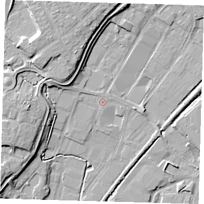 Shaded relief map of the ground around EN110DR, computed from Environment Agency LiDAR. The ground here sits at about 29 m above sea level and falls 12 m across the surrounding 800 m. Surface water reaching this point runs off ground lying to the west-north-west, 1.2 m higher.