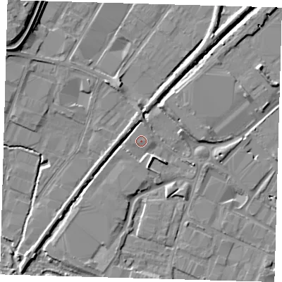Shaded relief map of the ground around EN110DU, computed from Environment Agency LiDAR. The ground here sits at about 28 m above sea level and falls 11 m across the surrounding 800 m. Surface water reaching this point runs off ground lying to the east-north-east, 0.7 m higher.