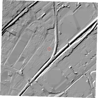 Shaded relief map of the ground around EN110DY, computed from Environment Agency LiDAR. The ground here sits at about 28 m above sea level and falls 11 m across the surrounding 800 m. Surface water reaching this point runs off ground lying to the south-west, 1.8 m higher.