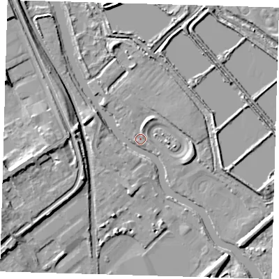 Shaded relief map of the ground around EN110EH, computed from Environment Agency LiDAR. The ground here sits at about 28 m above sea level and falls 10 m across the surrounding 800 m. Surface water reaching this point runs off ground lying to the north-north-east, 2.7 m higher.
