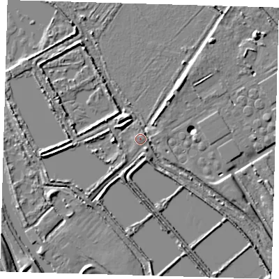 Shaded relief map of the ground around EN110EQ, computed from Environment Agency LiDAR. The ground here sits at about 30 m above sea level and falls 10 m across the surrounding 800 m. Surface water reaching this point runs off ground lying to the south-west, 3.3 m higher.