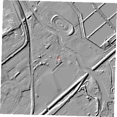 Shaded relief map of the ground around EN110EW, computed from Environment Agency LiDAR. The ground here sits at about 28 m above sea level and falls 11 m across the surrounding 800 m. Surface water reaching this point runs off ground lying to the south, 4.2 m higher.