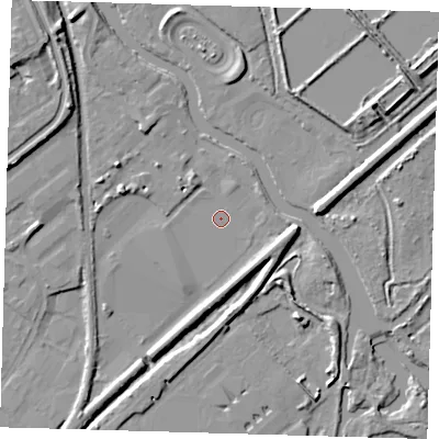 Shaded relief map of the ground around EN110EZ, computed from Environment Agency LiDAR. The ground here sits at about 28 m above sea level and falls 10 m across the surrounding 800 m. The ground contributing surface water to this point lies to the north-west.