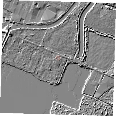 Shaded relief map of the ground around EN110FA, computed from Environment Agency LiDAR. The ground here sits at about 27 m above sea level and falls 5 m across the surrounding 800 m. Surface water reaching this point runs off ground lying to the north-north-east, 2.5 m higher.