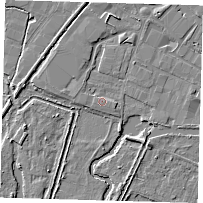 Shaded relief map of the ground around EN110FB, computed from Environment Agency LiDAR. The ground here sits at about 28 m above sea level and falls 6 m across the surrounding 800 m. Surface water reaching this point runs off ground lying to the west-south-west, 1.7 m higher.