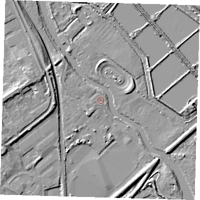 Shaded relief map of the ground around EN110GL, computed from Environment Agency LiDAR. The ground here sits at about 29 m above sea level and falls 10 m across the surrounding 800 m. Surface water reaching this point runs off ground lying to the south-west, 2.2 m higher.