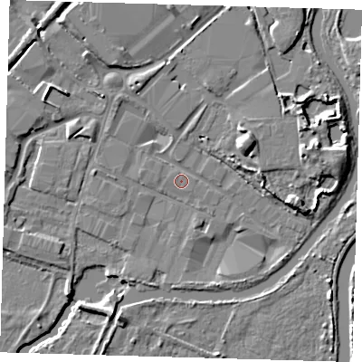 Shaded relief map of the ground around EN110HB, computed from Environment Agency LiDAR. The ground here sits at about 27 m above sea level and falls 8 m across the surrounding 800 m. Surface water reaching this point runs off ground lying to the east-north-east, 6.4 m higher.