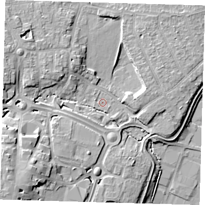 Shaded relief map of the ground around EN110HH, computed from Environment Agency LiDAR. The ground here sits at about 32 m above sea level and falls 18 m across the surrounding 800 m. Surface water reaching this point runs off ground lying to the south-west, 2.6 m higher.