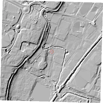 Shaded relief map of the ground around EN110NT, computed from Environment Agency LiDAR. The ground here sits at about 27 m above sea level and falls 13 m across the surrounding 800 m. Surface water reaching this point runs off ground lying to the west-north-west, 10.1 m higher.