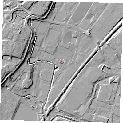 Shaded relief map of the ground around EN110NX, computed from Environment Agency LiDAR. The ground here sits at about 27 m above sea level and falls 12 m across the surrounding 800 m. Surface water reaching this point runs off ground lying to the north-north-west, 1.6 m higher.